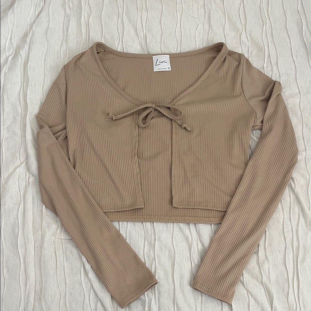 Livi Beige Ribbed Tie-Front Crop Top